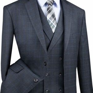 VINCI Men's Charcoal Gray Glen Plaid 3 Piece 2 Button Classic Fit Suit 38 L